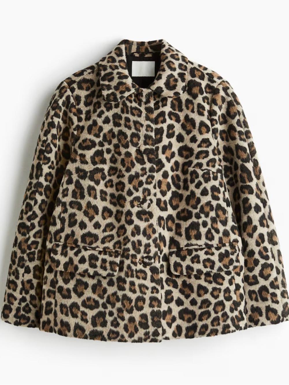 NWT, H&M Short Oversized Button Front Jacket, Light Beige Leopard Print, Size L